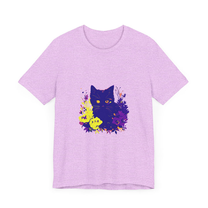 A close-up image of a black cat mystery neon flower t-shirt with vibrant colors and intricate designs, perfect for adding a pop of style to any outfit