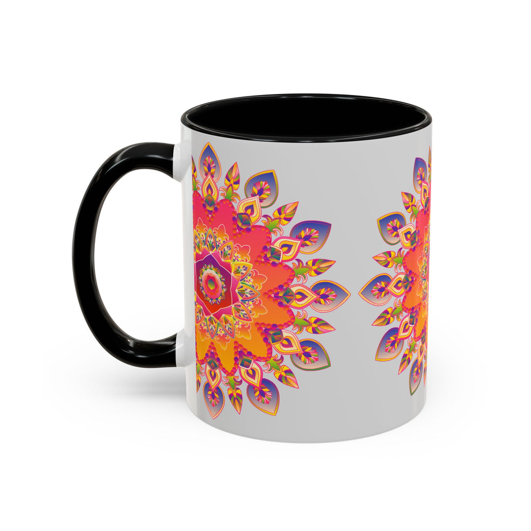 Colorful mandala art mug featuring vibrant hues against a grey background