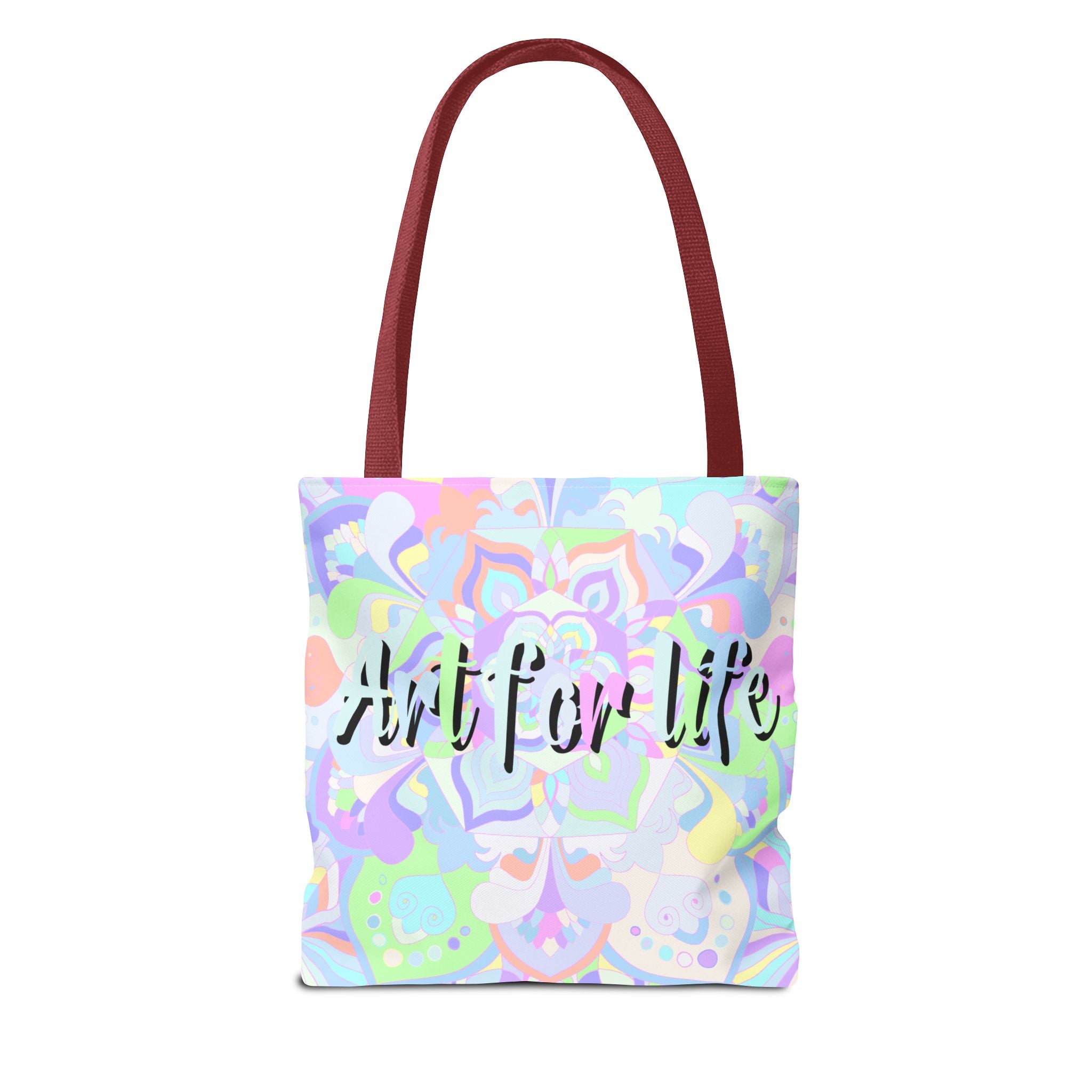 Colorful mandala tote bag with 'Art for Life' quote, perfect for carrying books, groceries, and everyday essentials, showcasing unique and vibrant artistic design