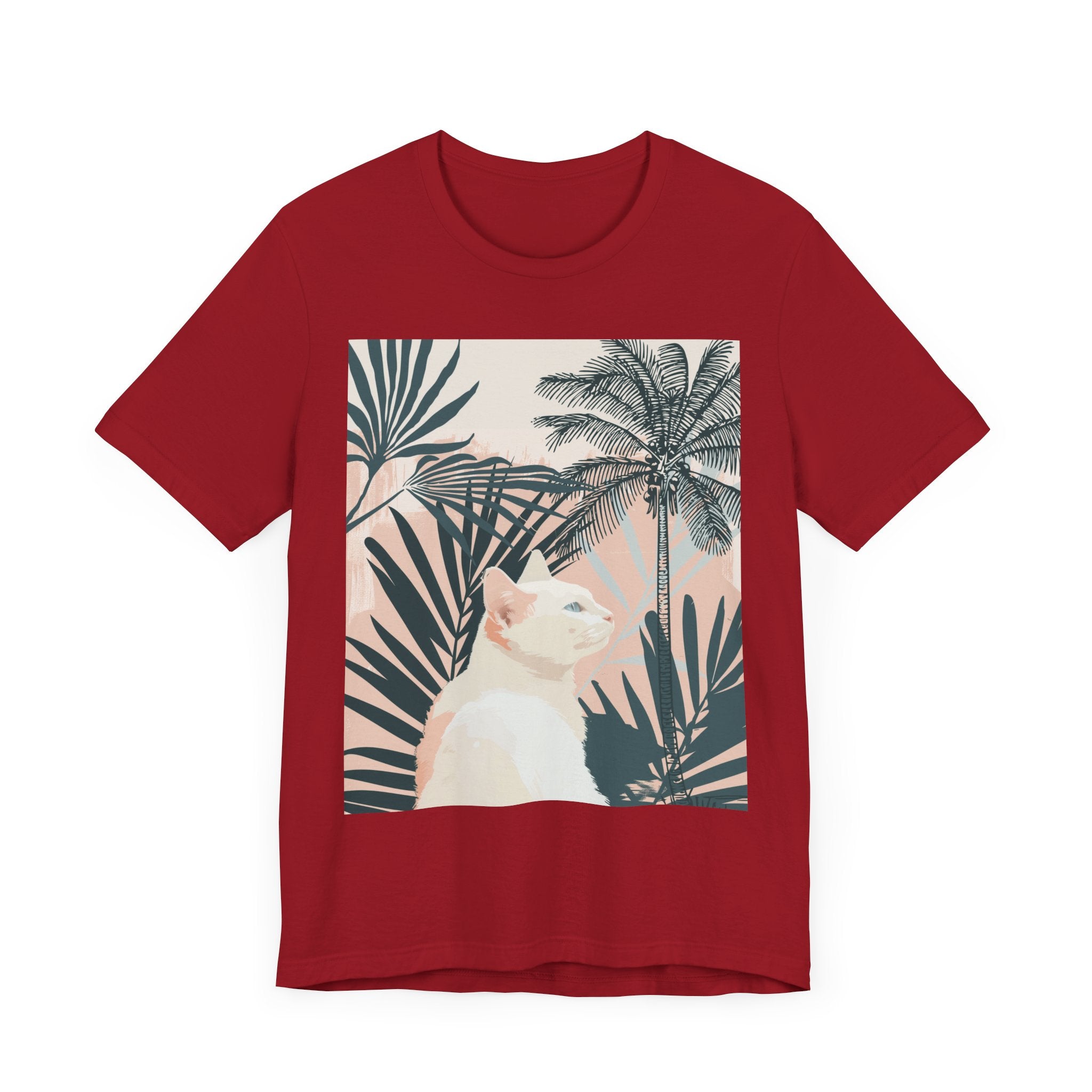 Adorable cat t-shirt with a cute white kitty and palm leaves