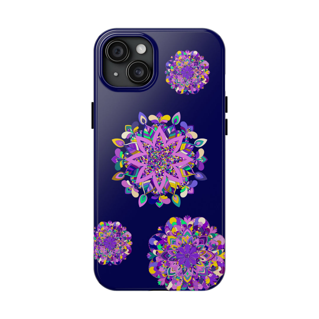 Hand drawn mandala art phone case in purple shades, known for its durability and shock absorbent features, designed to protect your phone with style and elegance