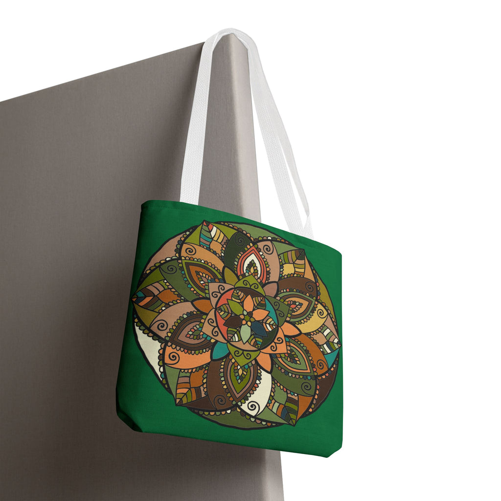 Boho Mandala Tote Bag — Green Floral Pattern AOP Shopper