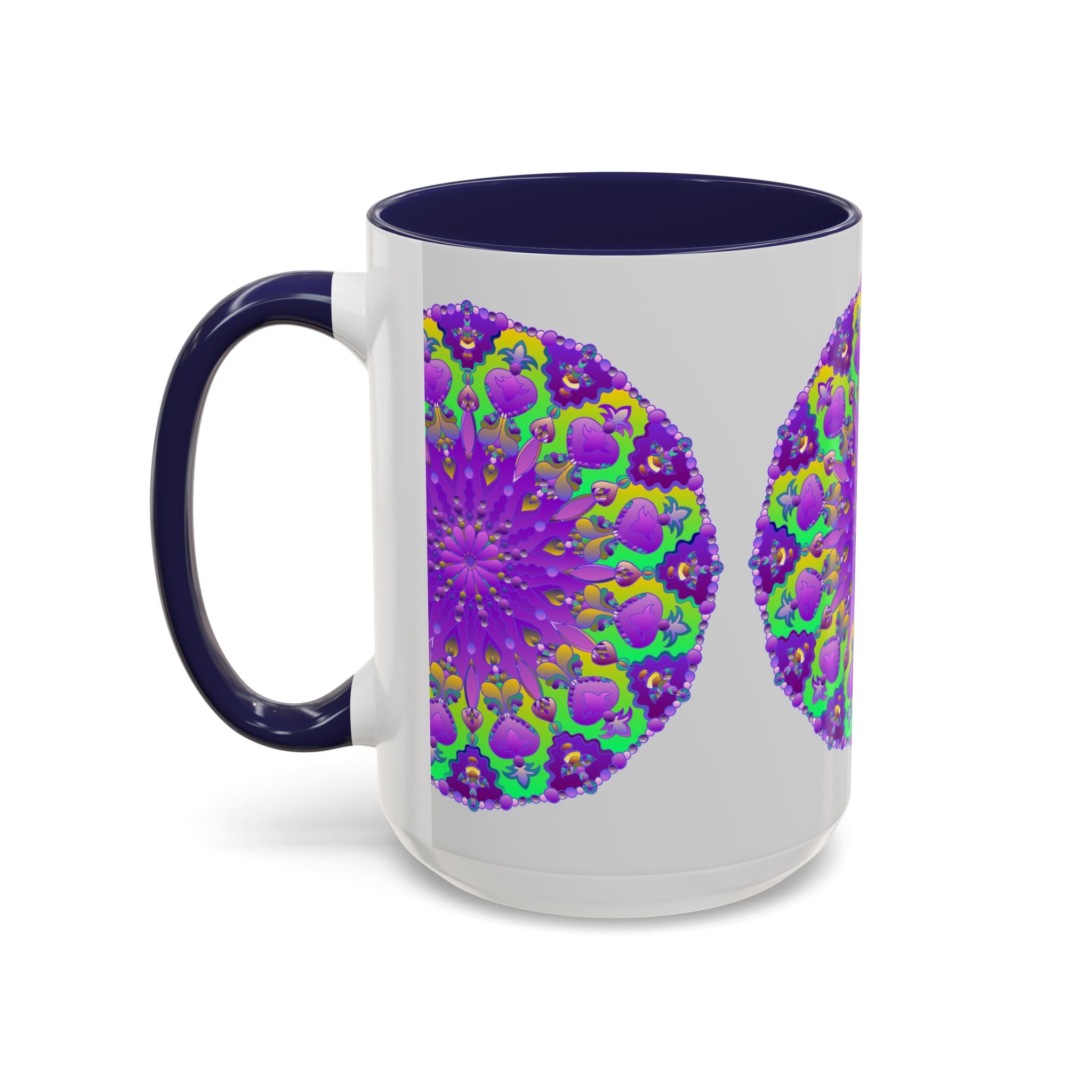 Vibrant purple mandala design on a grey mug, perfect for adding artistic flair to your morning coffee routine