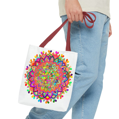 Vibrant and intricately designed mandala art tote bag with a variety of colorful patterns and shapes