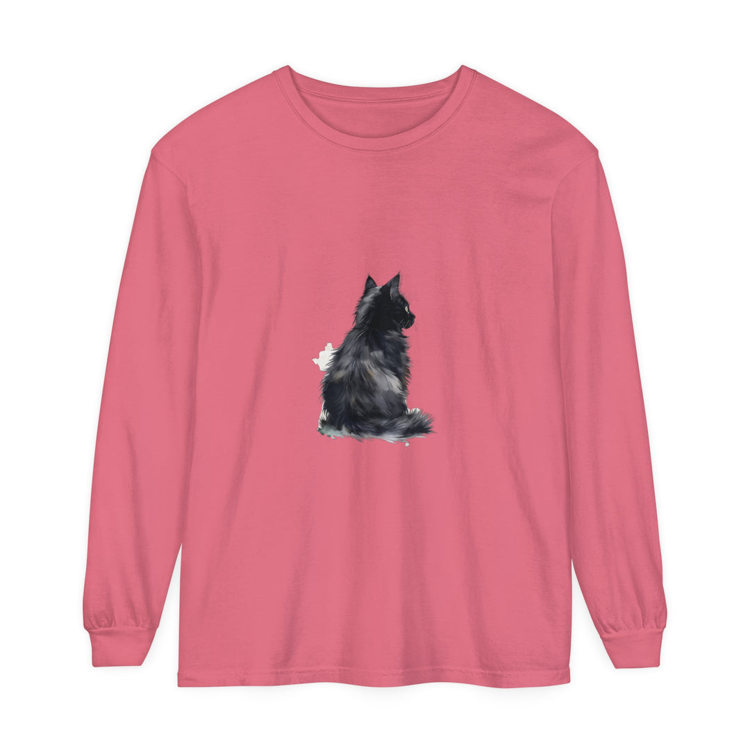 Long sleeve t-shirt featuring a watercolor illustration of a black and white cat