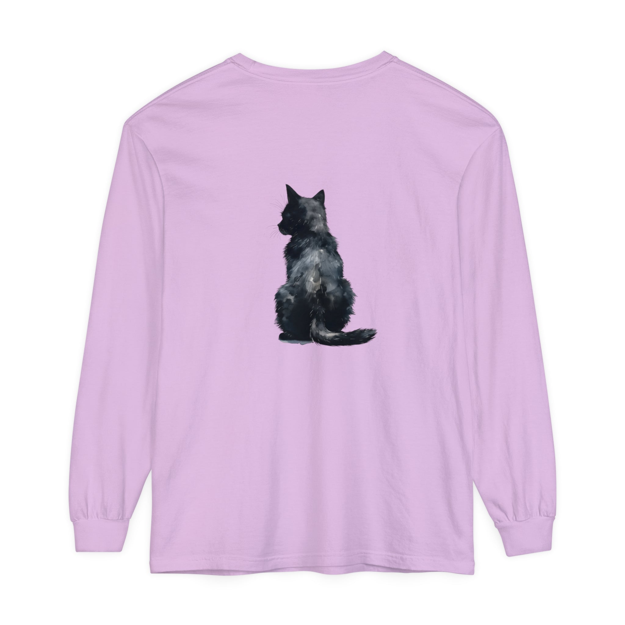 Long sleeve black cat watercolor t-shirt with vibrant and detailed artwork