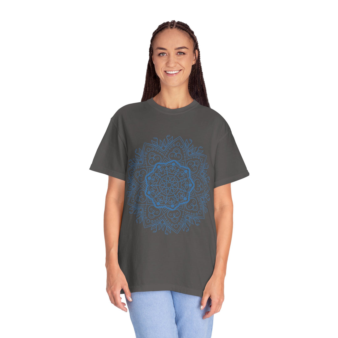 Handmade Mandala Art Tshirt - Unisex Garment-Dyed Tee displayed on a mannequin