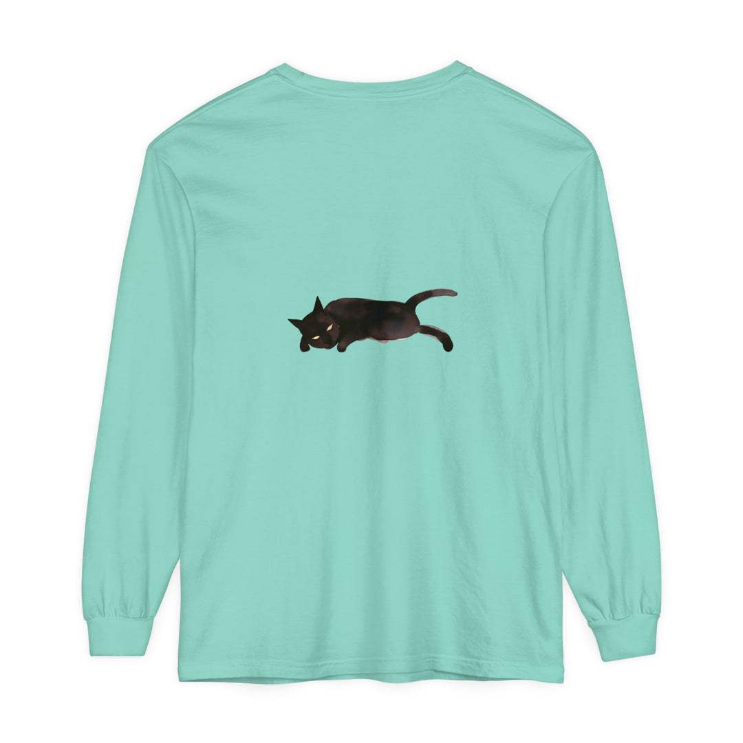 Black cat sleeping peacefully on a unisex long sleeve t-shirt