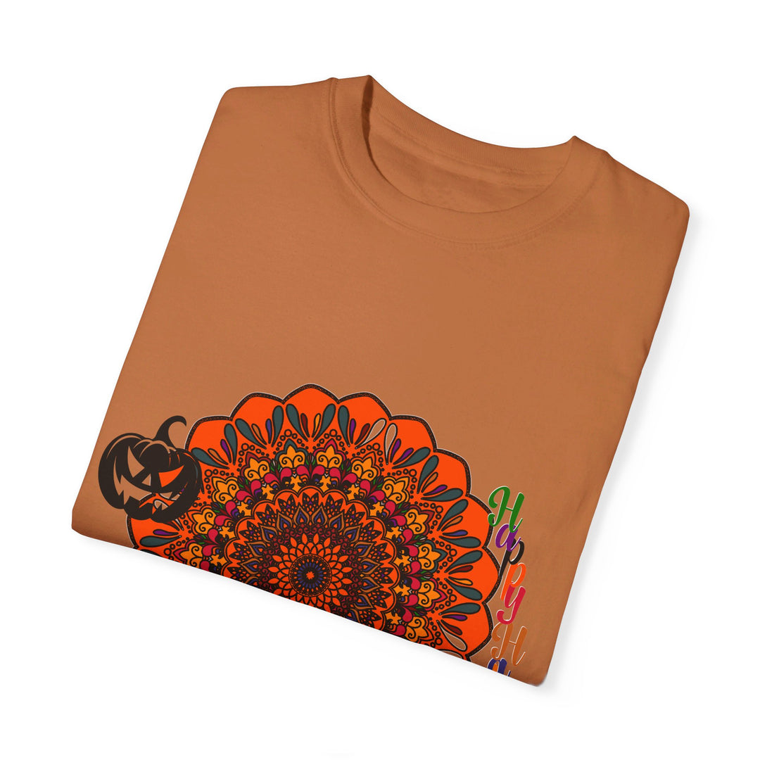 Unisex Halloween mandala t-shirt featuring handmade pumpkin mandala art on a garment-dyed tee