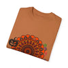 Unisex Halloween mandala t-shirt featuring handmade pumpkin mandala art on a garment-dyed tee