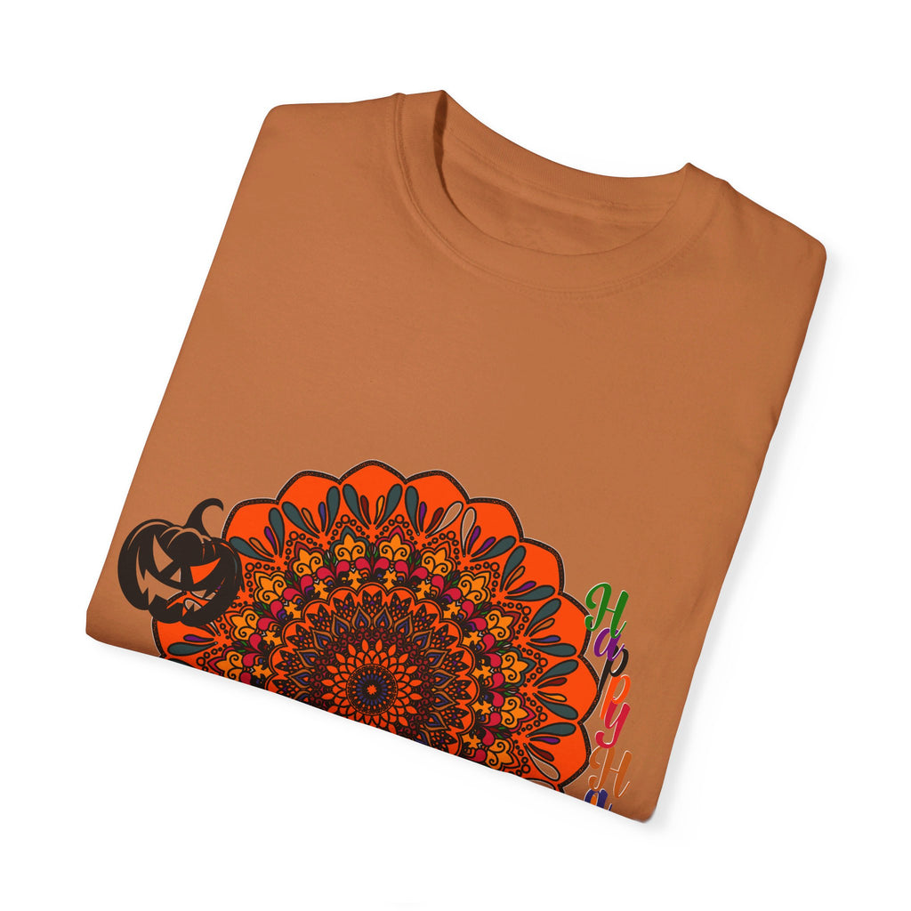 Unisex Halloween mandala t-shirt featuring handmade pumpkin mandala art on a garment-dyed tee