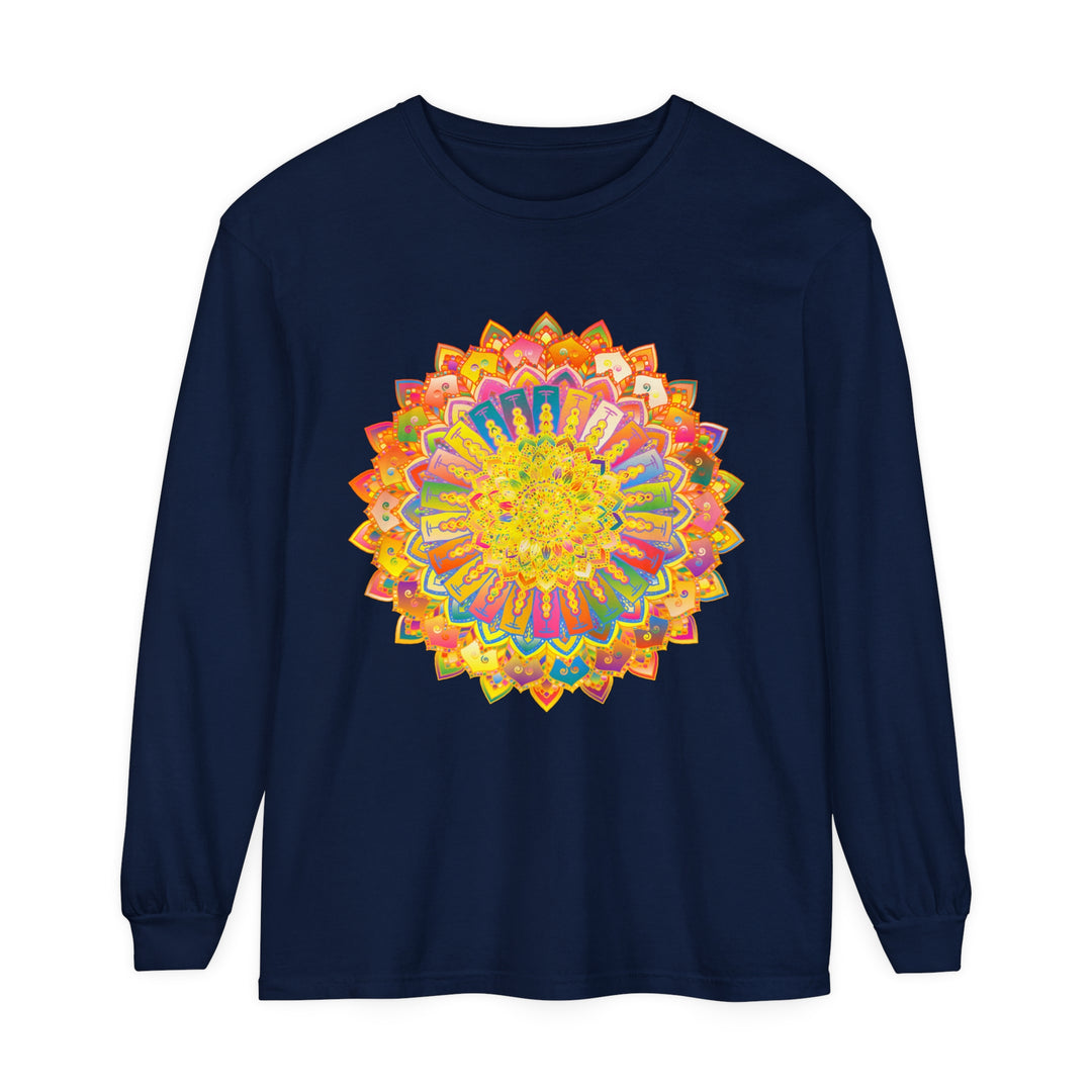 A close-up image of an intricate mandala design on a unisex long sleeve t-shirt