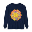 A close-up image of an intricate mandala design on a unisex long sleeve t-shirt