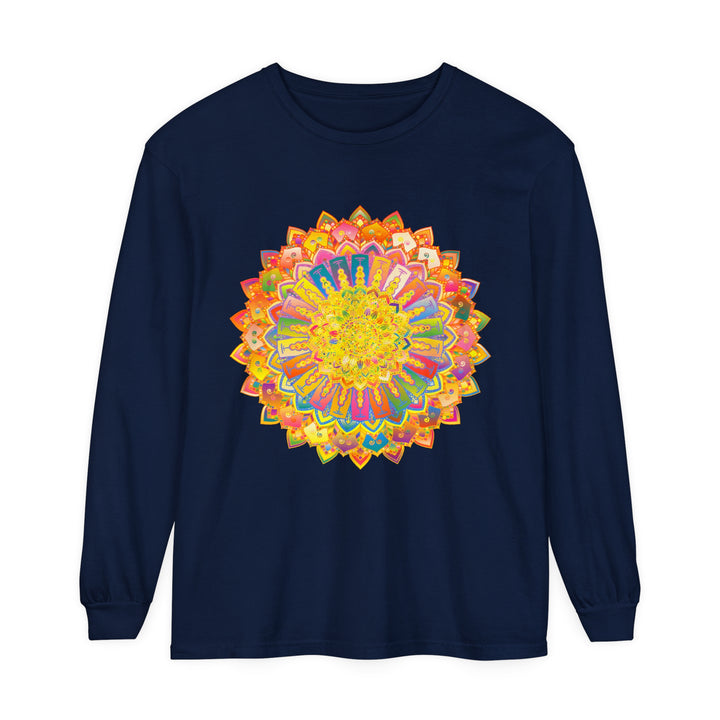 A close-up image of an intricate mandala design on a unisex long sleeve t-shirt