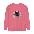 Black Cat Floral Watercolor Long Sleeve T-Shirt featuring a beautiful watercolor design of a black cat surrounded by colorful flowers on a comfortable long sleeve shirt
