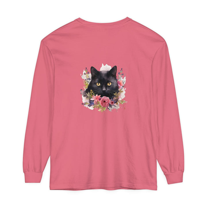 Black Cat Floral Watercolor Long Sleeve T-Shirt featuring a beautiful watercolor design of a black cat surrounded by colorful flowers on a comfortable long sleeve shirt