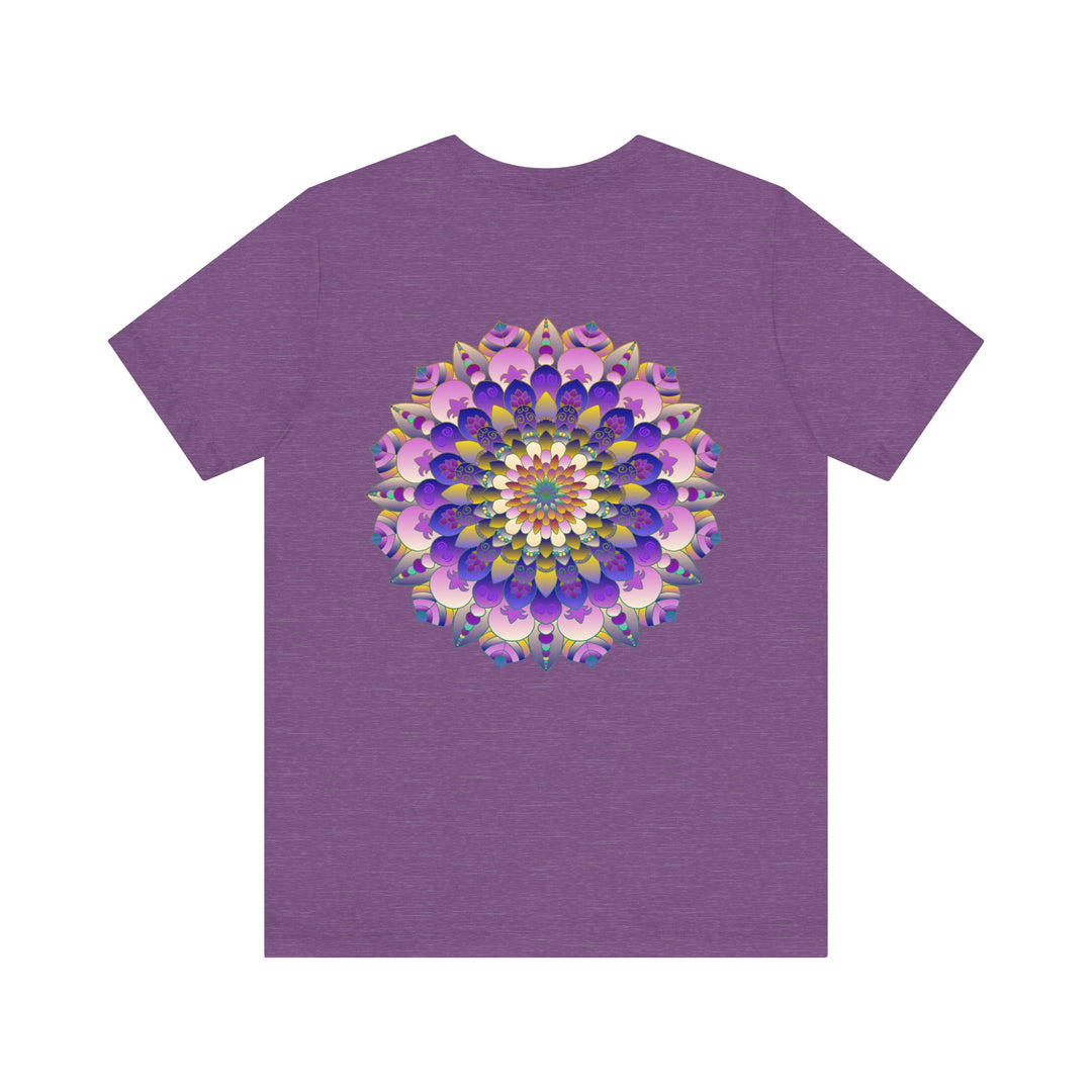 White t-shirt featuring a striking mandala design, promoting spiritual peace and harmony with intricate, colorful patterns and symbols