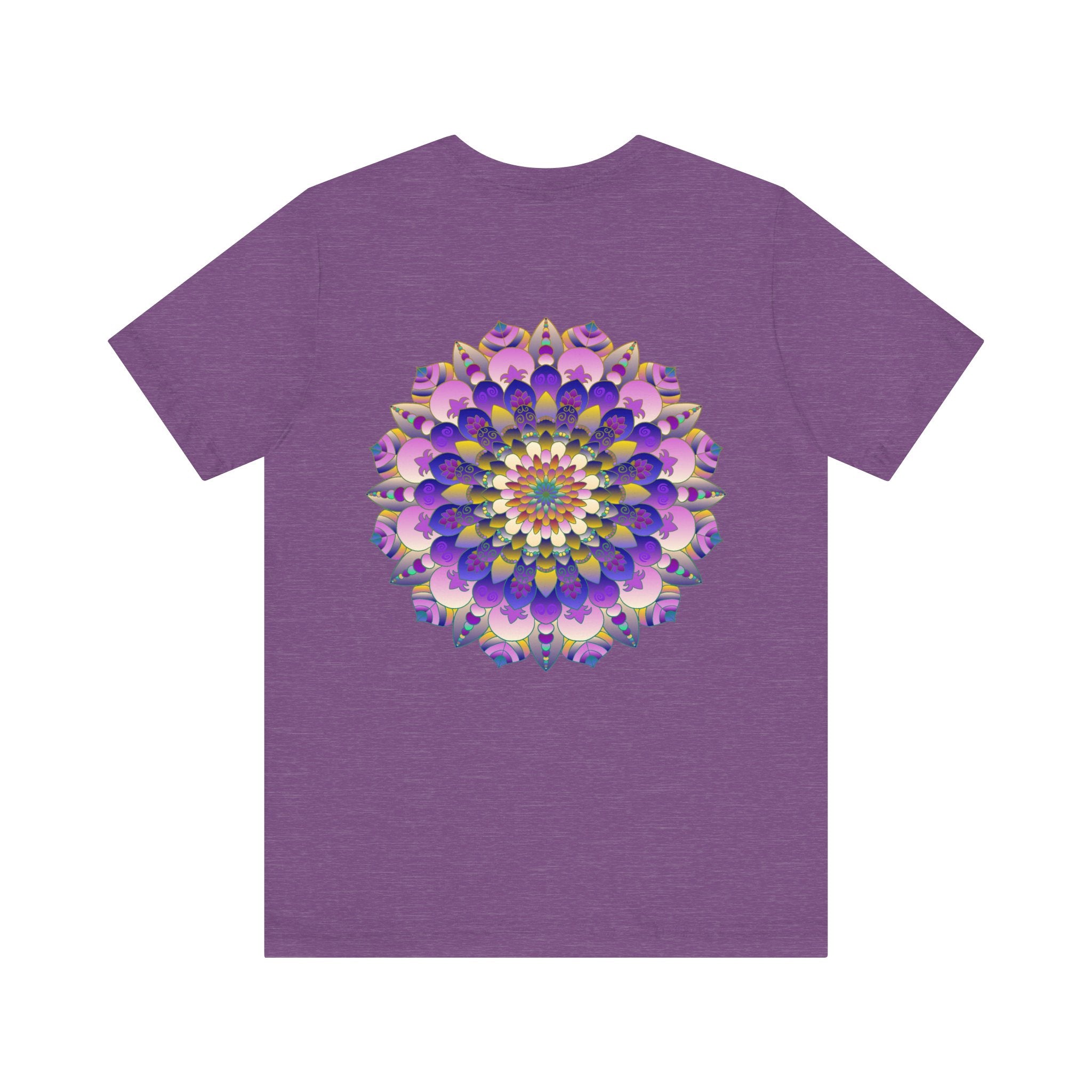 White t-shirt featuring a striking mandala design, promoting spiritual peace and harmony with intricate, colorful patterns and symbols