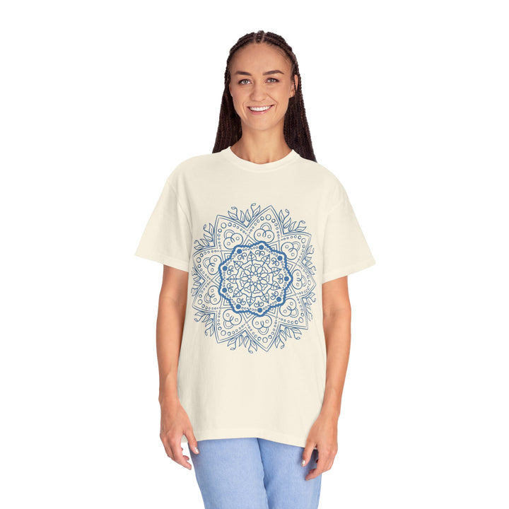 Unique unisex garment-dyed tee featuring intricate handmade mandala art design