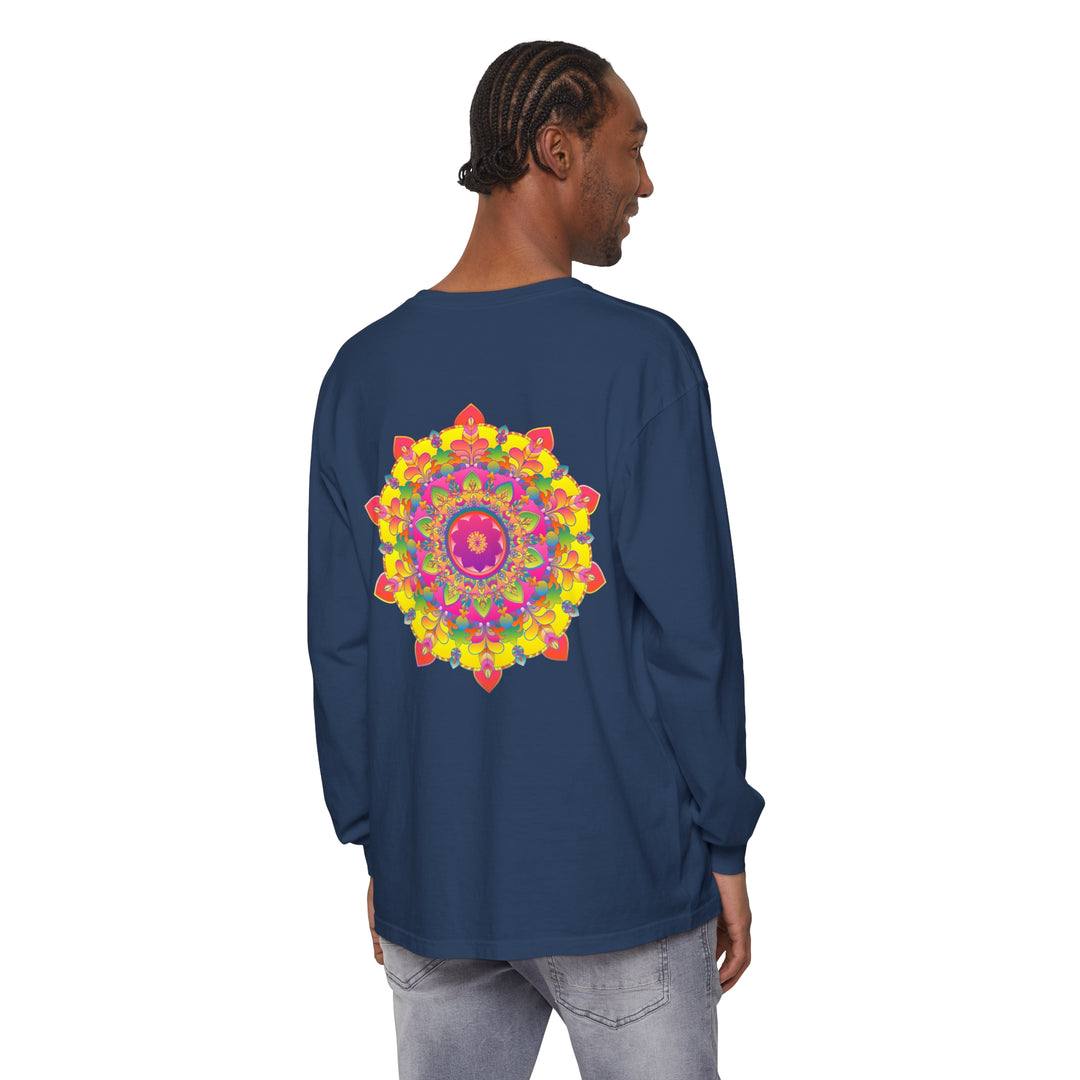 Colorful and intricately designed long sleeve t-shirt with a vibrant mandala print