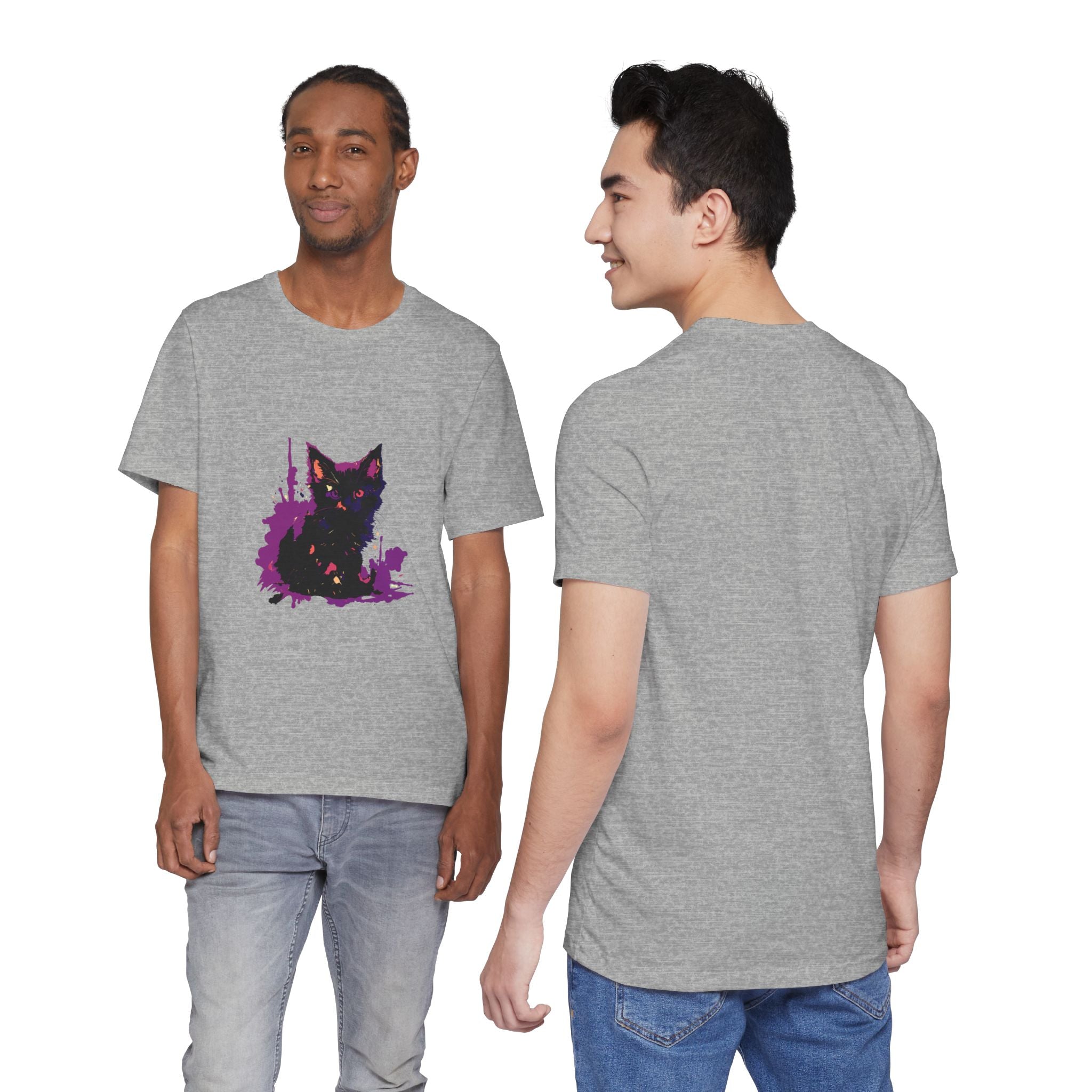 Schwarzes Katzenrätsel – Lila Farbspritzer-T-Shirt