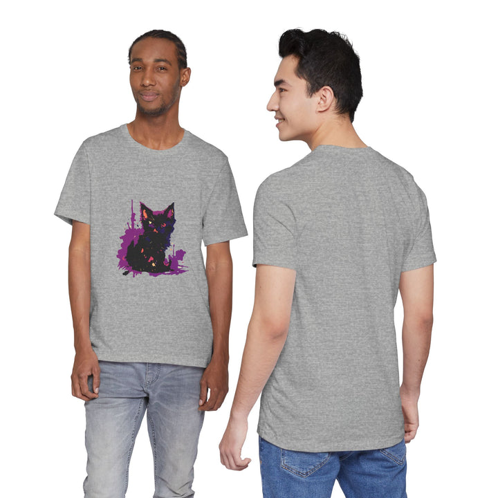 Schwarzes Katzenrätsel – Lila Farbspritzer-T-Shirt