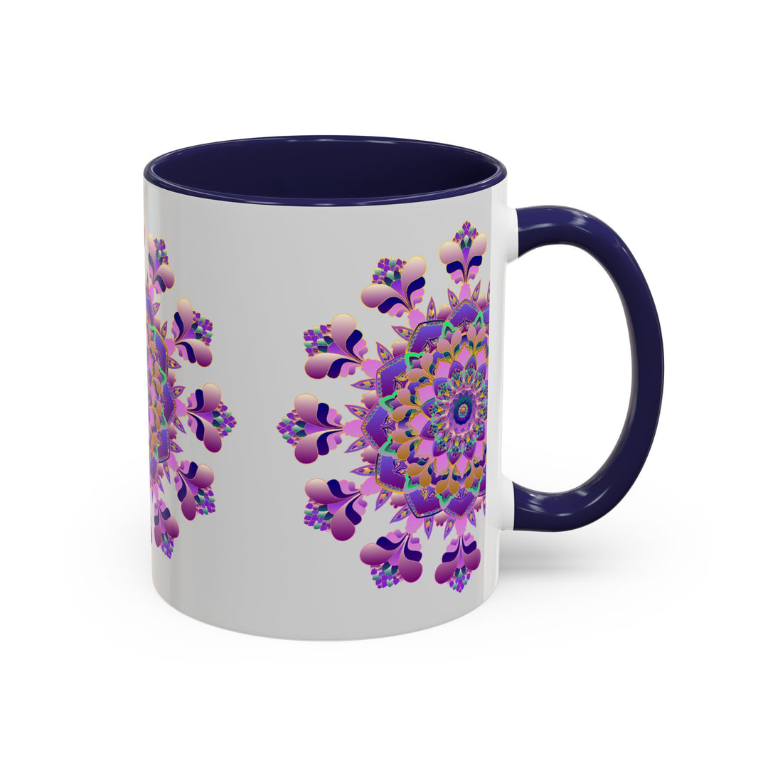 A beautifully hand-painted ceramic mug with a mandala design in shades of purple and pink, featuring intricate floral patterns