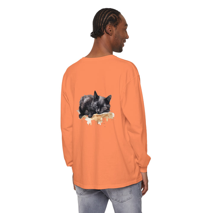 A watercolor illustration of a sleeping black cat on a t-shirt