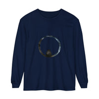 A close-up image of a unisex long sleeve t-shirt with a mystifying sphere design