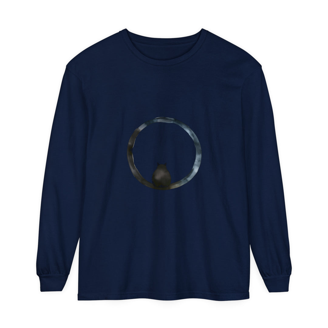 A close-up image of a unisex long sleeve t-shirt with a mystifying sphere design