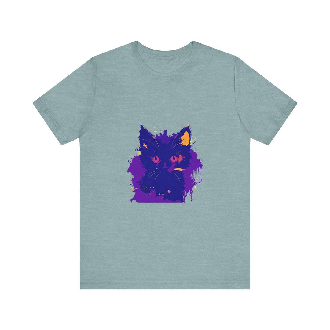 Whimsical blue and pink cat t-shirt with cute cartoon feline design