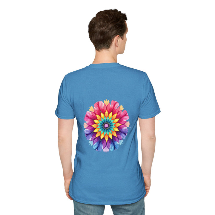 Beautiful black t-shirt with colorful floral mandala design and inspiring quote