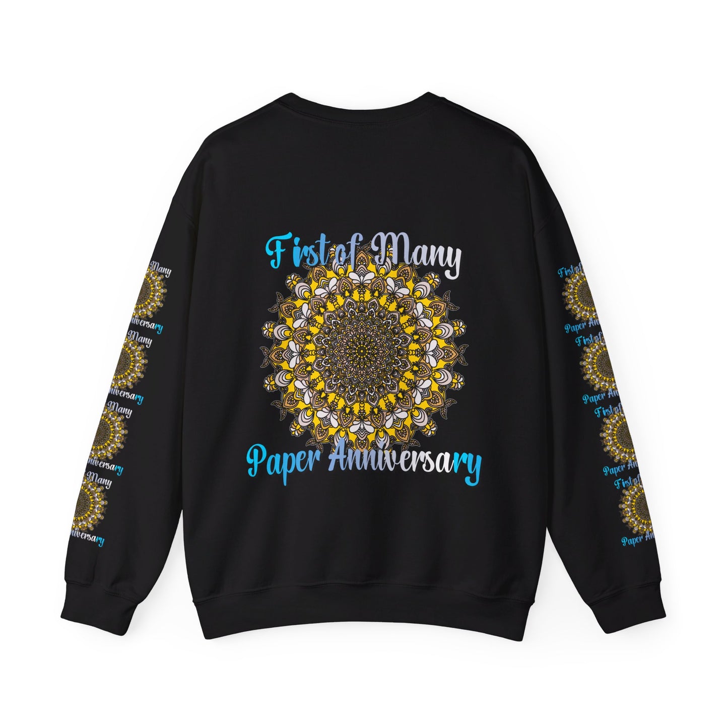 First Year Wedding Anniversary Gift - First of Many, Paper Anniversary Unisex Heavy Blend™ Crewneck Sweatshirt in grey color with white text design