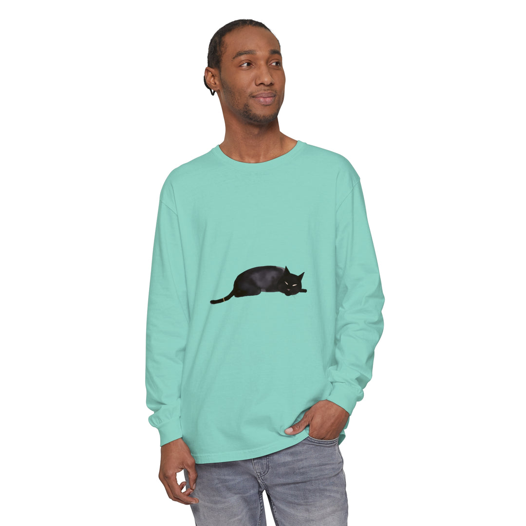 A cozy, unisex long sleeve t-shirt featuring a sleeping black cat design