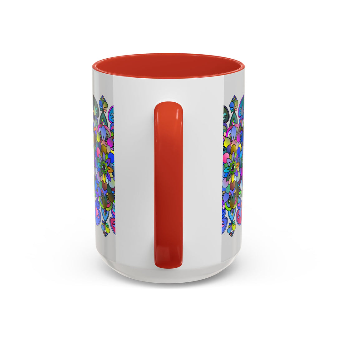 Colorful mandala mug featuring intricate floral art on a grey background