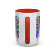 Colorful mandala mug featuring intricate floral art on a grey background