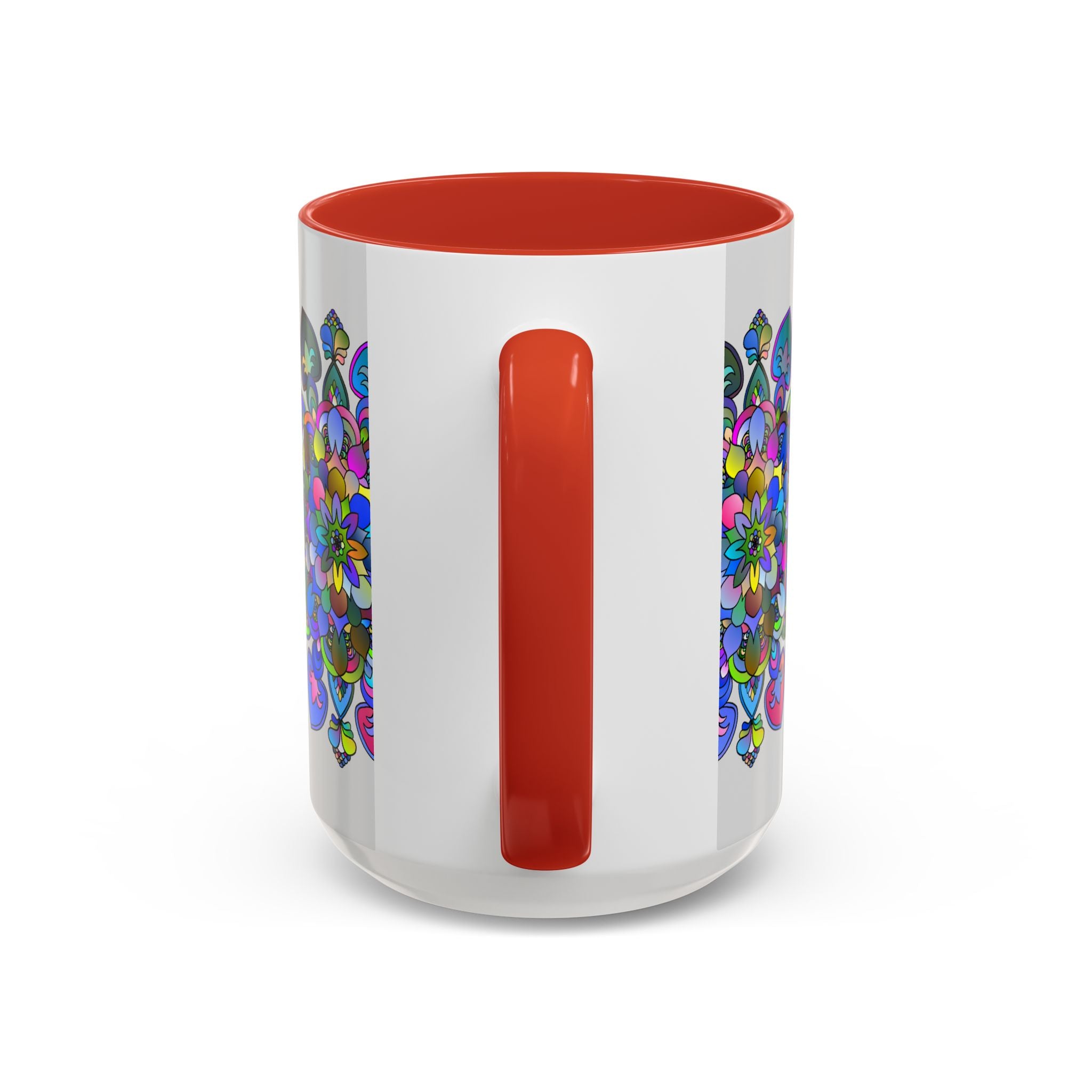 Colorful mandala mug featuring intricate floral art on a grey background
