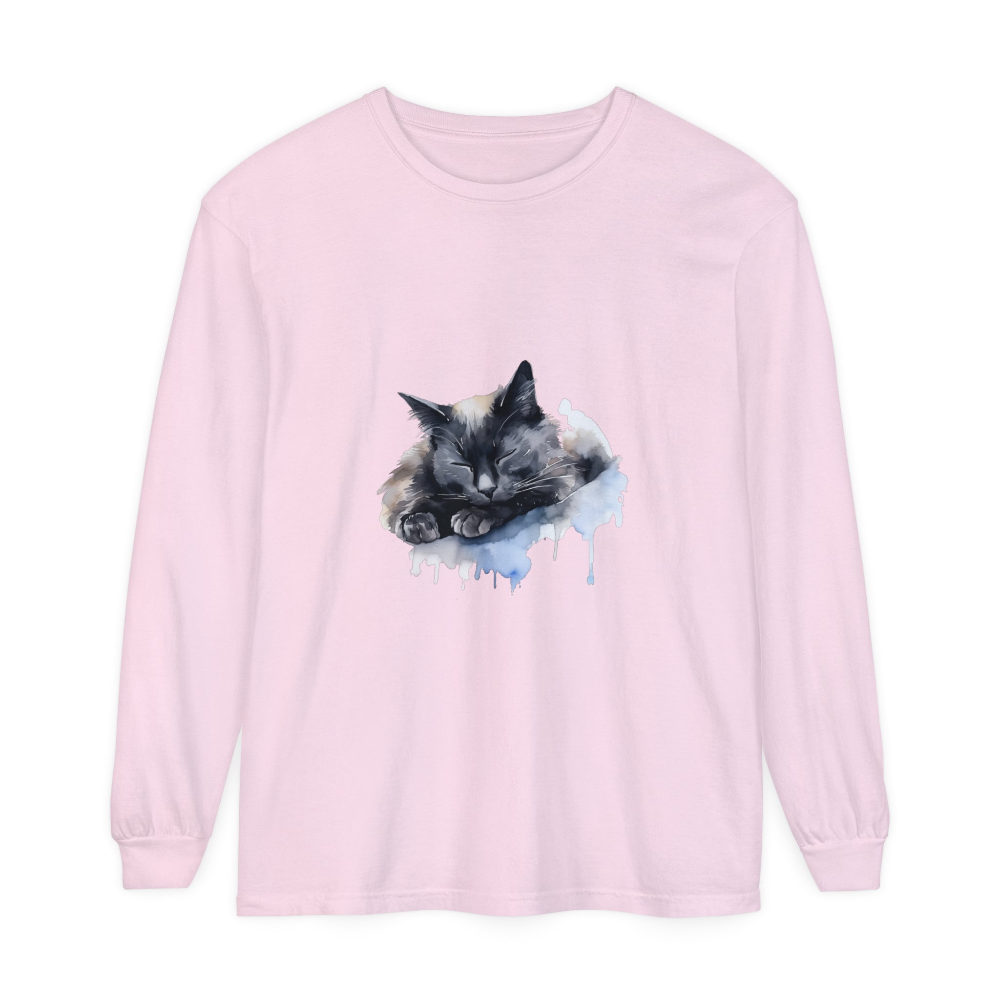 Adorable watercolor illustration of a sleeping cat on a t-shirt