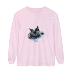 Adorable watercolor illustration of a sleeping cat on a t-shirt