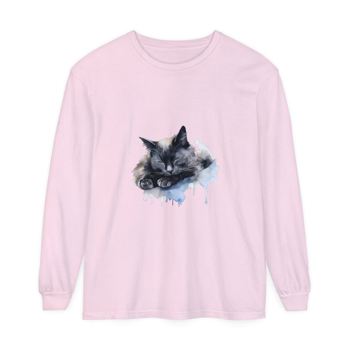 Adorable watercolor illustration of a sleeping cat on a t-shirt