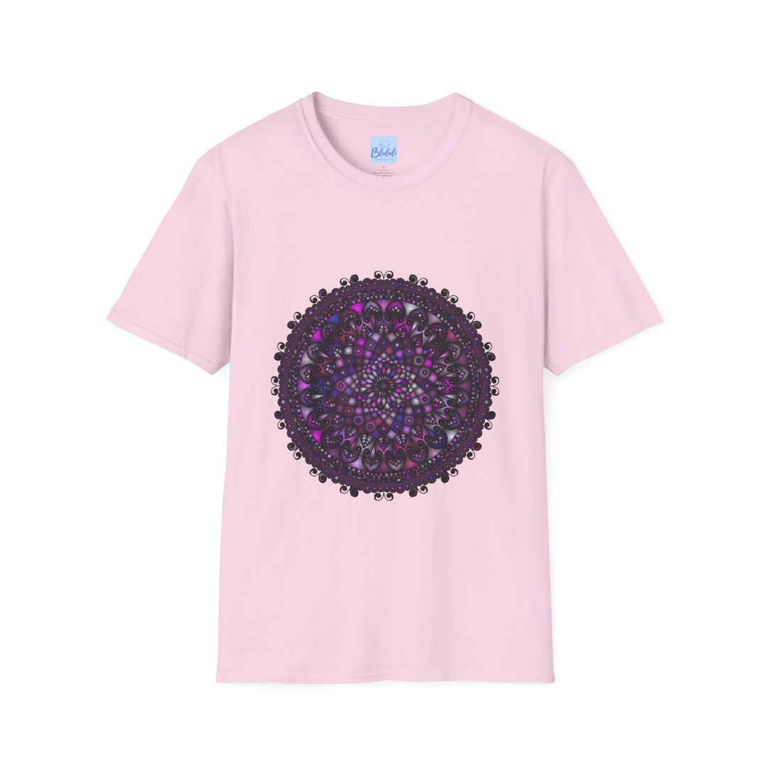 Softstyle unisex t-shirt with hand-drawn purple mandala art design