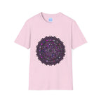 Softstyle unisex t-shirt with hand-drawn purple mandala art design