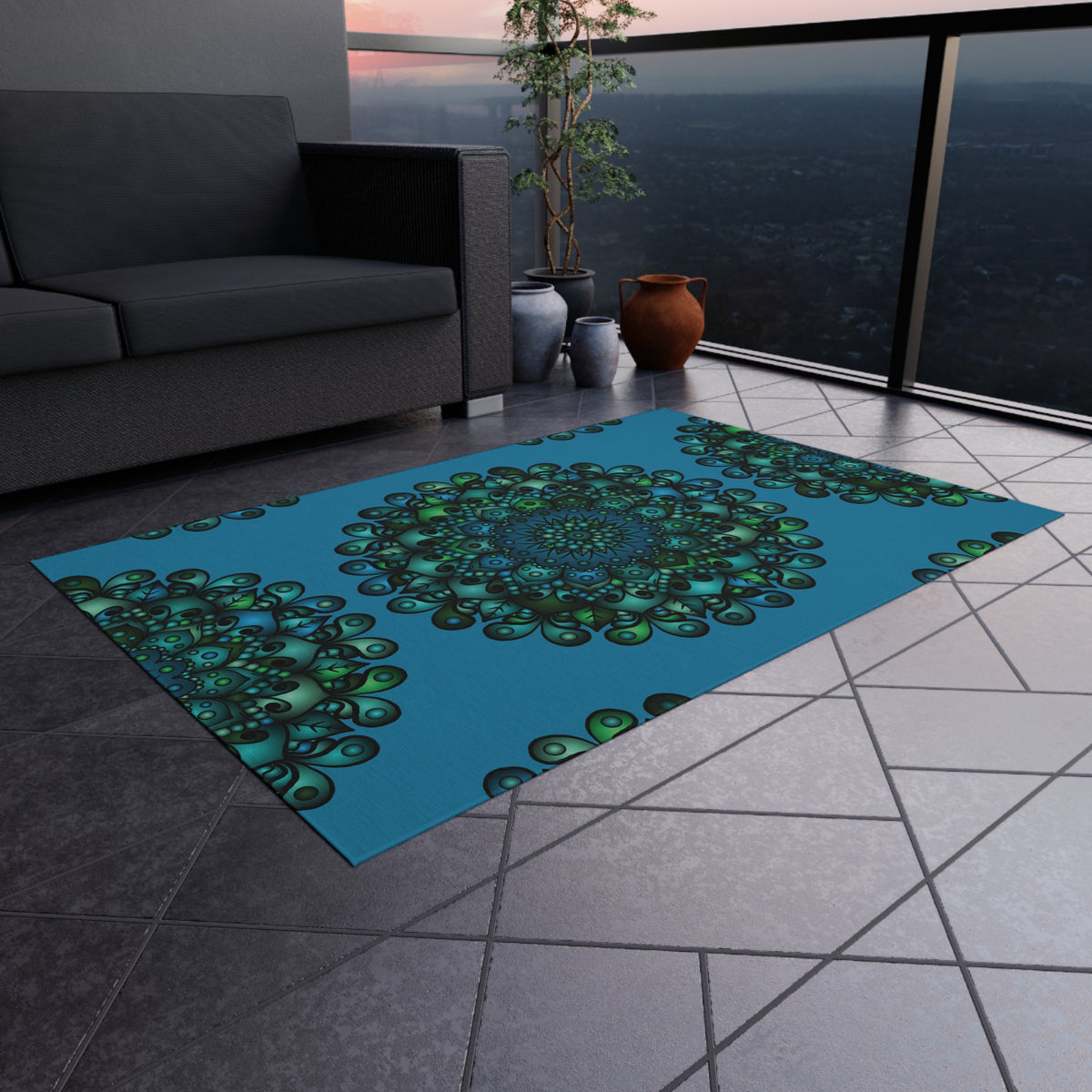 Blau-grüner Mandala-Outdoor-Teppich — Wetterfeste Terrassenmatte