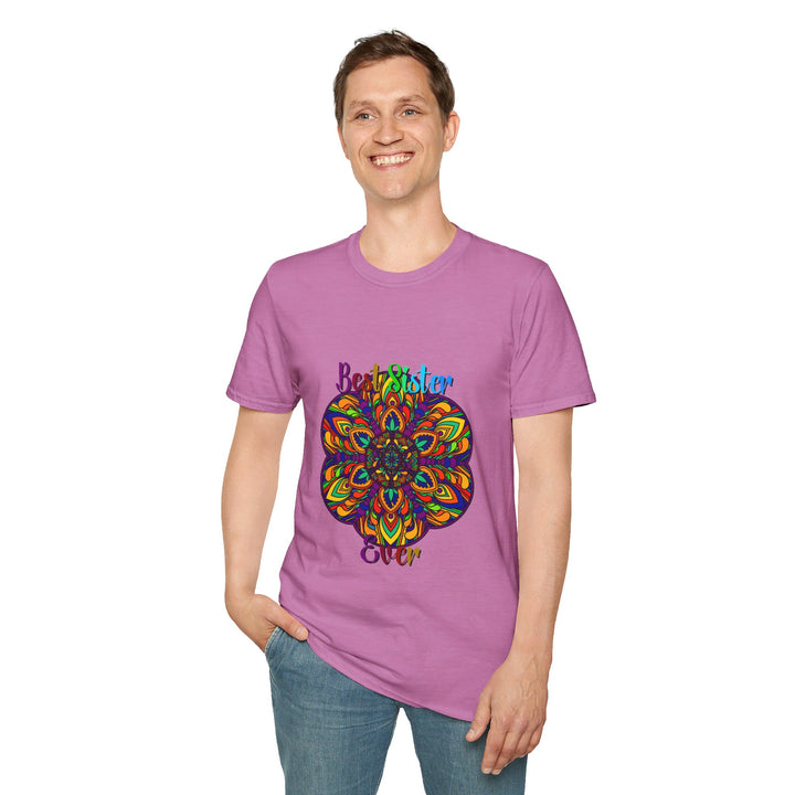 Colorful and intricate mandala art design on a unisex softstyle t-shirt, perfect gift for sister, hand-drawn and unique