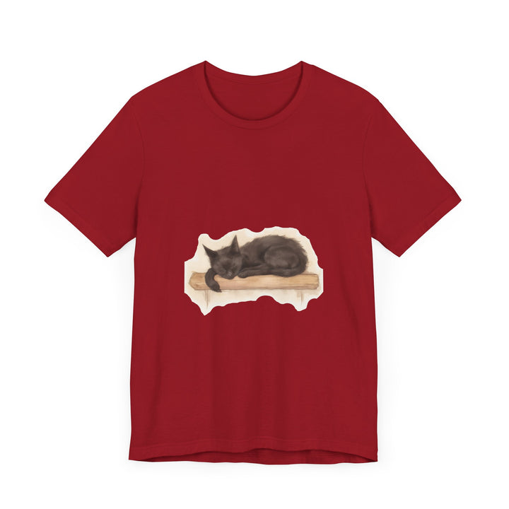 A stunning watercolor illustration of a sleeping black cat on a comfortable t-shirt