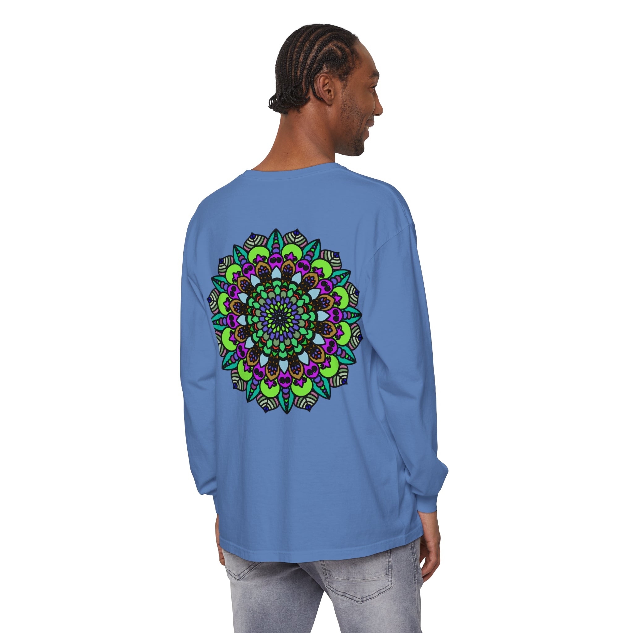 Colorful and intricate psychedelic mandala design on a unisex long sleeve t-shirt