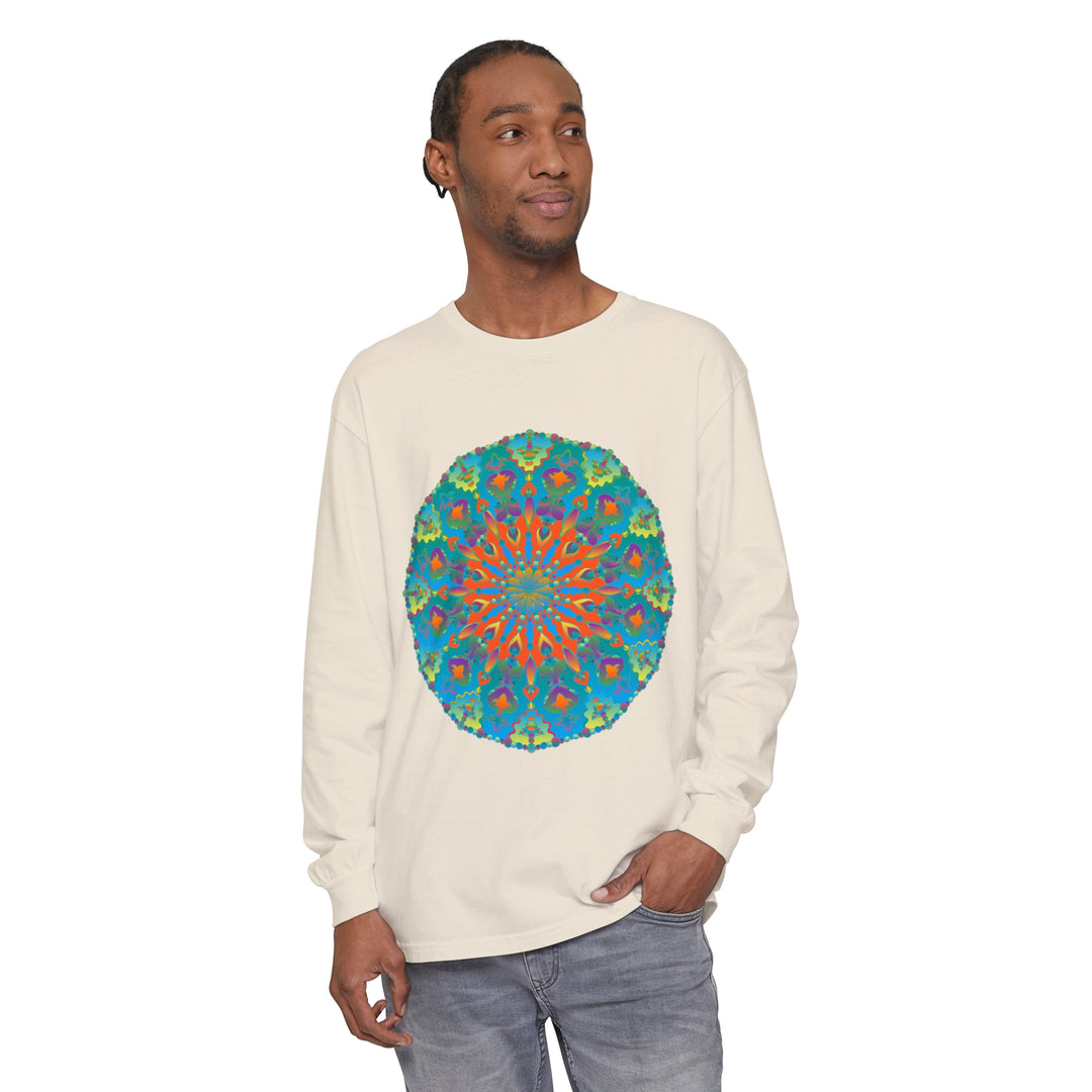 Colorful Rainbow Mandala Long Sleeve T-Shirt with intricate design and vibrant hues