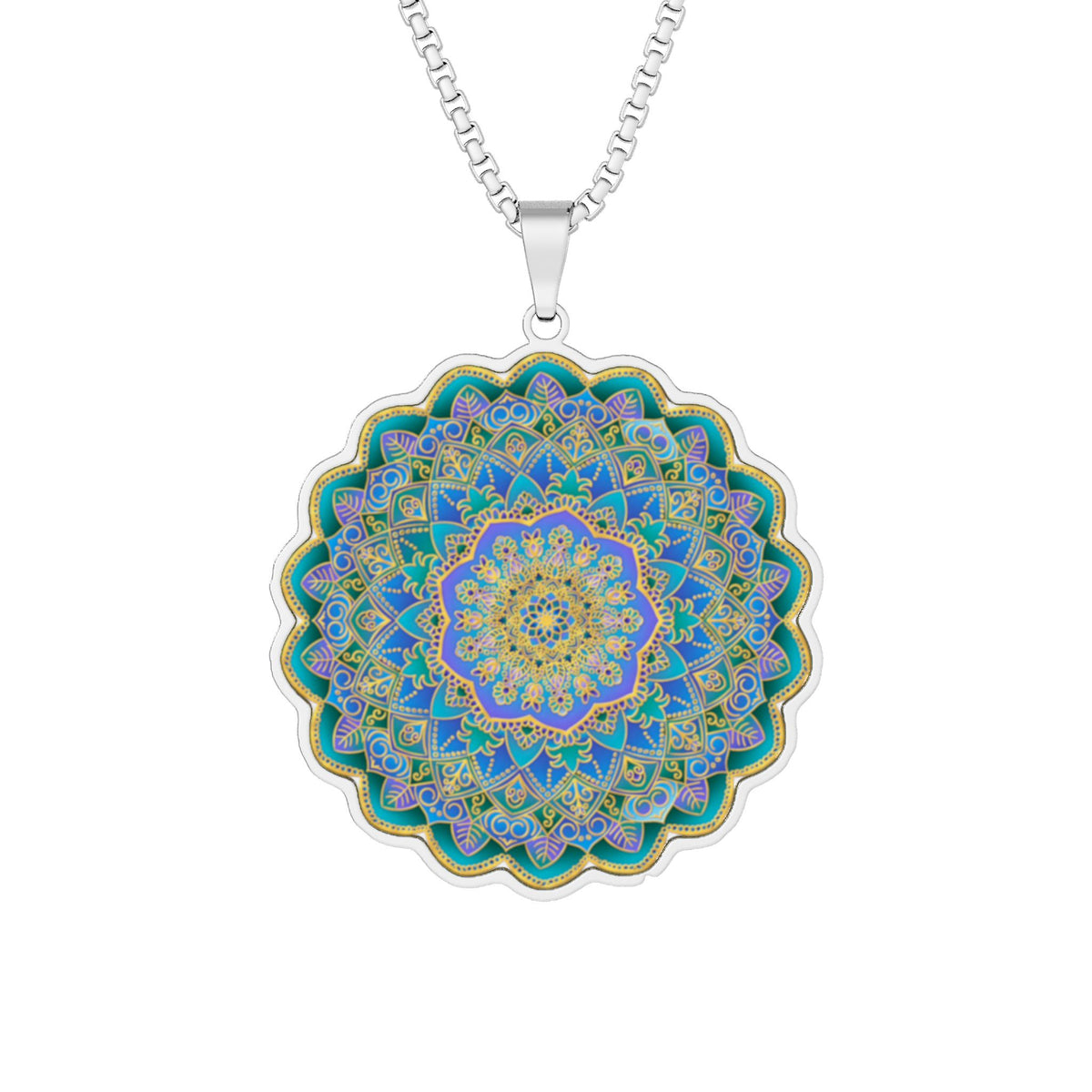 Mandala Floral Blue-Green Pendant Necklace