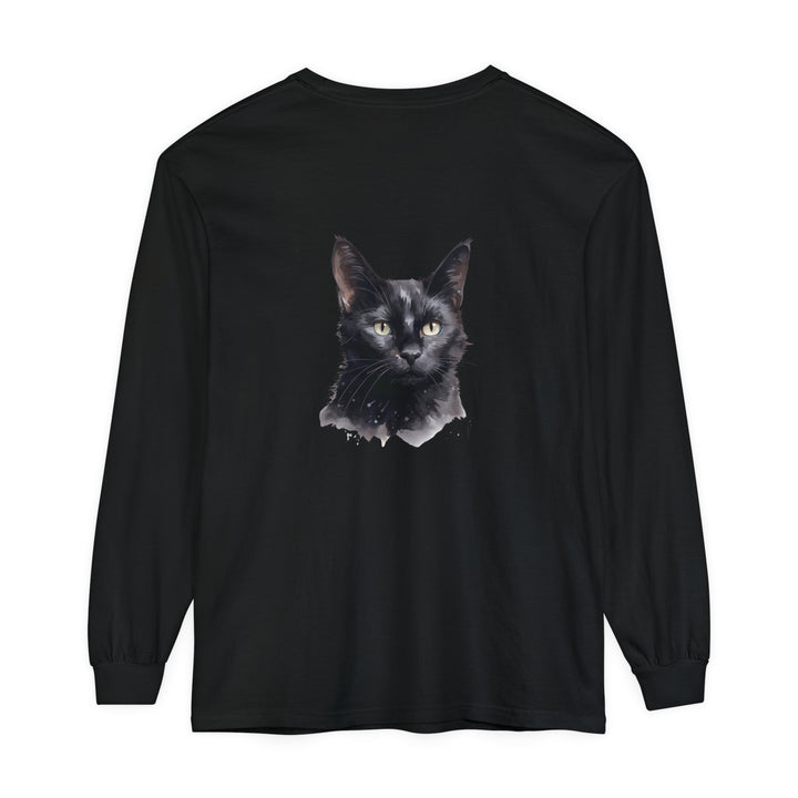 Black Cat Watercolor Unisex Long Sleeve T-Shirt featuring a vibrant watercolor design