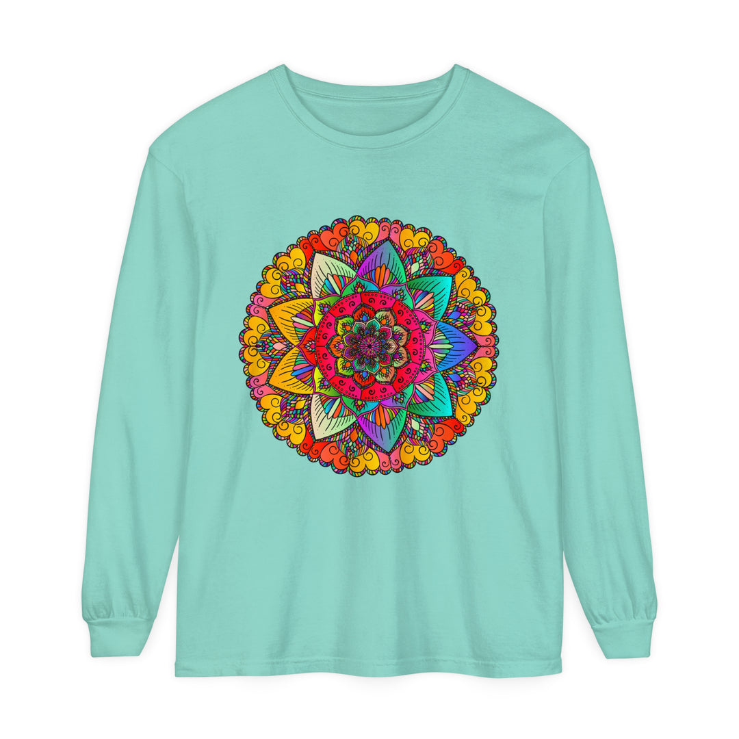 Colorful and intricate mandala design on a unisex long sleeve t-shirt